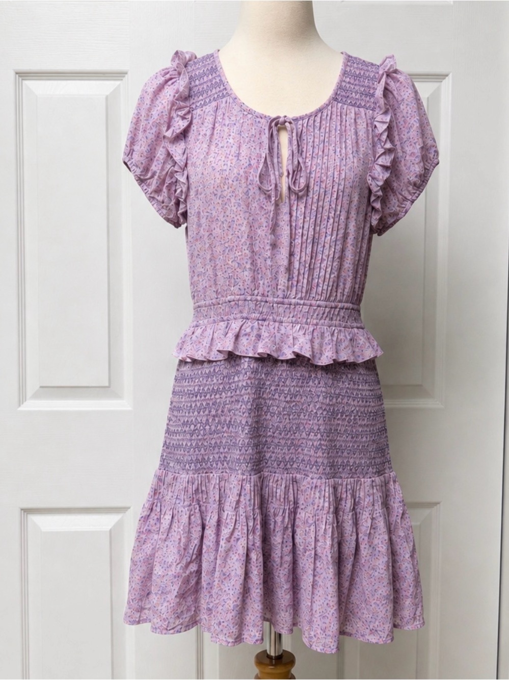 LoveShackFancy Toto Mini Dress Purple Pansy Floral Smocked Ruffle M - Picture 3 of 6